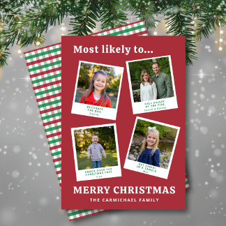 Modern Funny Family Photos Red Green Check Holiday Julkort