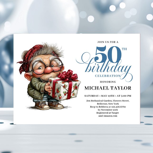Modern Funny Man 50th Birthday Humor Cartoon Style Inbjudningar (Modern Funny Man 50th Birthday Humor Cartoon Style Invitation

)