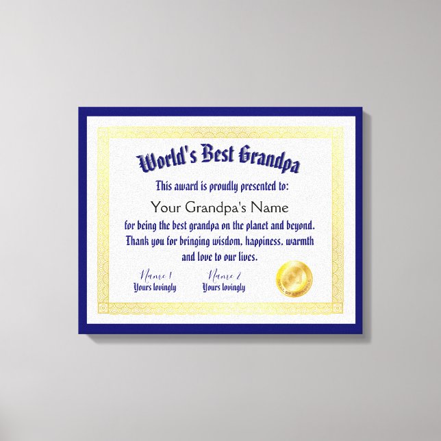 Modern Funny World's Best Grandpa Certificate Canvastryck (Framsida)