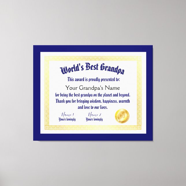 Modern Funny World's Best Grandpa Certificate Canvastryck (Framsida)