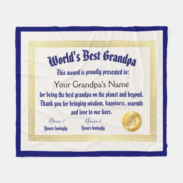 Modern Funny World's Best Grandpa Certificate Fleecefilt (Framsidan (Horisontell))