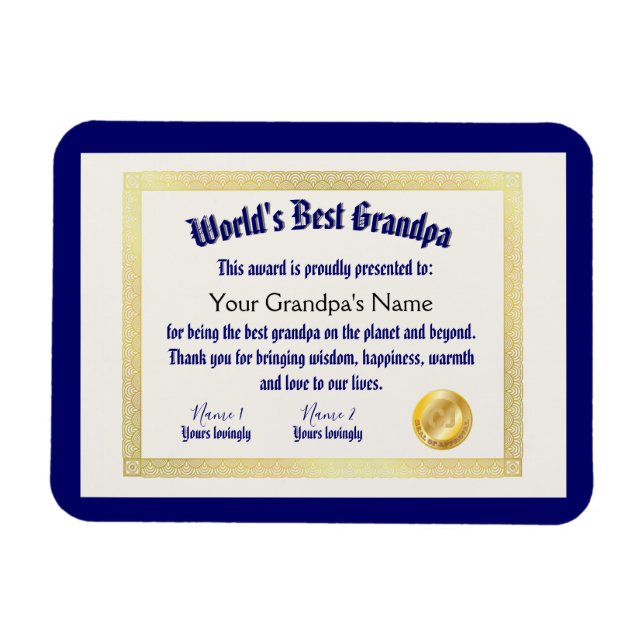 Modern Funny World's Best Grandpa Certificate Magnet (Horisontell)