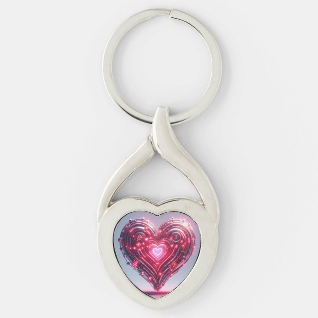 Modern Futuristiska som ökar Rosa Heart Twisted Heart Silverfärgad Nyckelring (Framsidan)