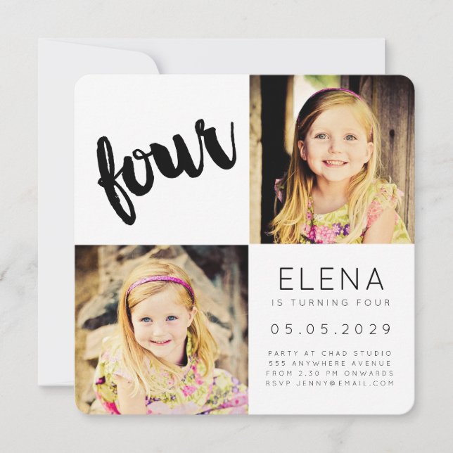 Modern fyra 4e födelsedagen-pojkens flickfoto inbjudningar (Framsida)