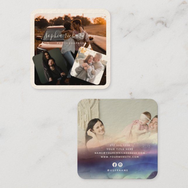 Modern fyra foto Namnteckning Cream-Avslappnad Fyrkantigt Visitkort (Fram/baksida)