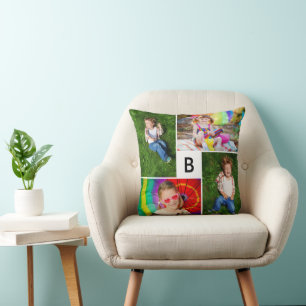 Modern fyrkantsrastermonogram Enkel 4 fotokollage Kudde