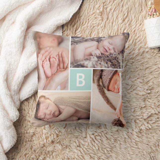 Modern fyrkantsruterblått monogram 4 fotokollage kudde (Filt)