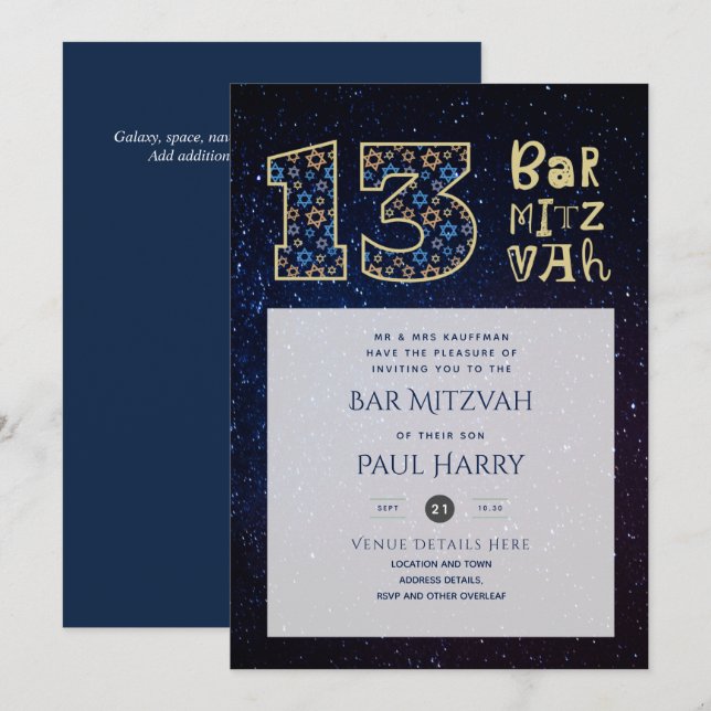 Modern Galaxy Blue PUB MITZVAH-inbjudan Inbjudningar (Fram/baksida)