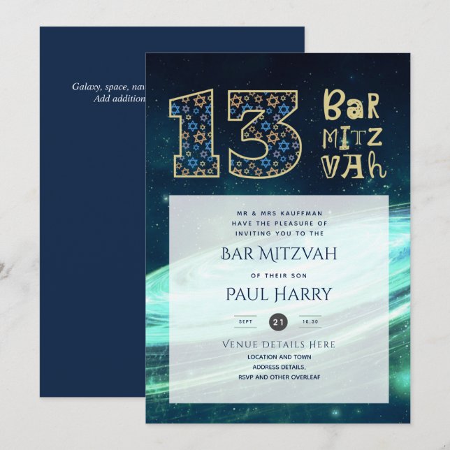 Modern Galaxy Blue PUB MITZVAH-inbjudan Inbjudningar (Fram/baksida)