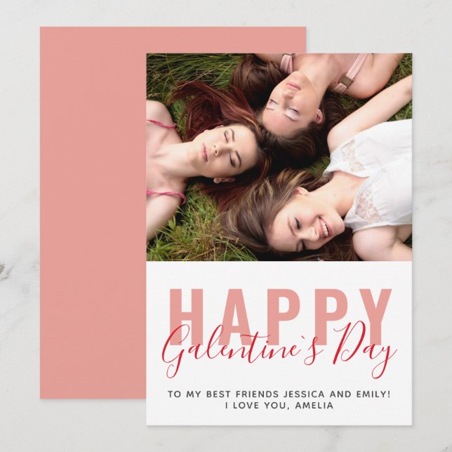 Modern Galentine`s Day Vänners Foto Julkort (Fram/baksida)