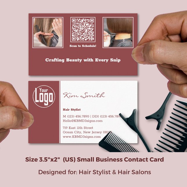 Modern Gallery QR Hair Stylist Burgundy & White  Visitkort (Modern Gallery QR Hair Stylist Burgundy & White Business Card; Size 3.5x2 Inch (US))
