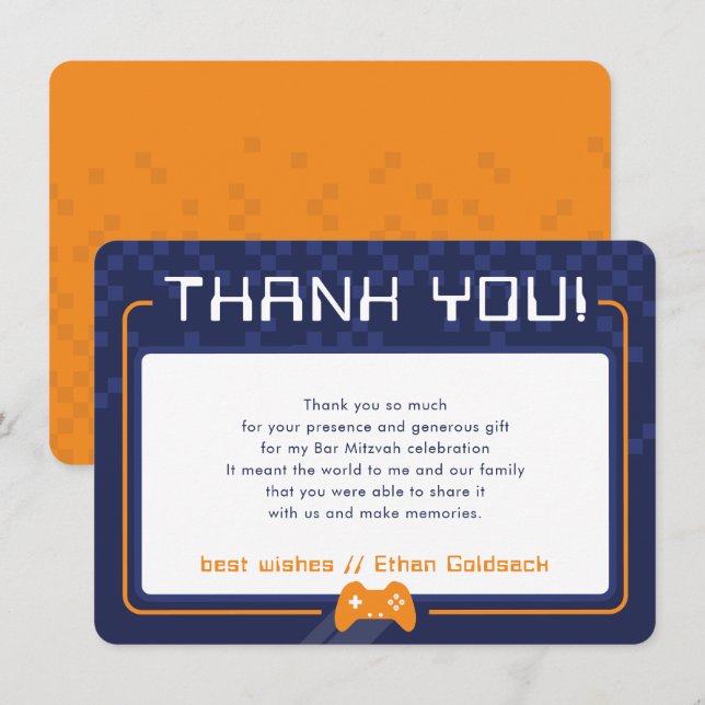 MODERN GAMING THANKS Pub Mitzvah navy blue orange Tack Kort (Fram/baksida)