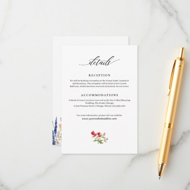 Modern Garden Flowers Handwriter Bröllop Info Tilläggskort (Fram/Back In Situ)