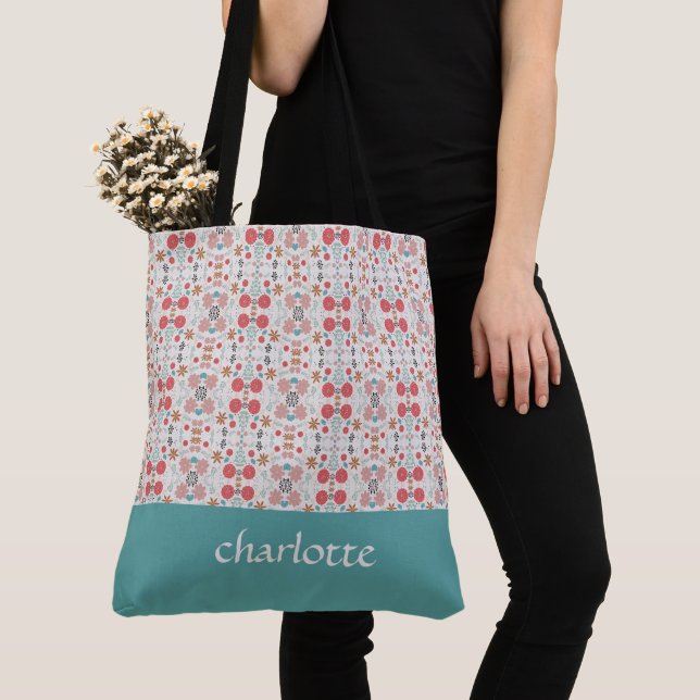 Modern Garden Mönster Monogrammed Tote Bag Tygkasse (Närbild)