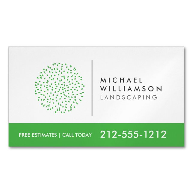 Modern Gardener Landscaping Shrub Logotyp på White Magnetiska Visitkort (Framsida)
