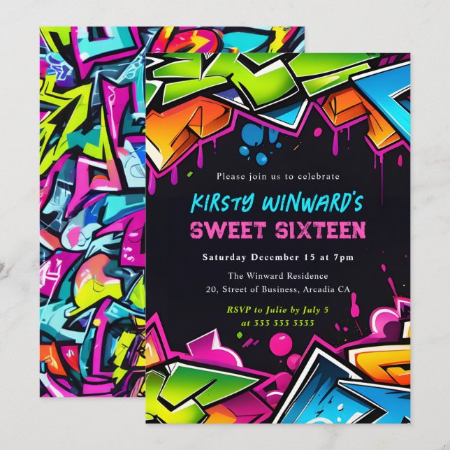 Modern gatuskildring graffiti Sweet Sixteen Inbjudningar (Fram/baksida)
