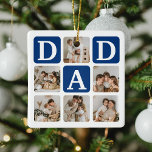 Modern gåva till multifoto Grid Cute PAPPA Julgransprydnad Keramik<br><div class="desc">Skapa ditt eget PAPPA-julklamprydnadsämne med det här moderna multifotogallret och den här texten. Design innehåller 6 foton med böjda hörnrutor med PAPPA i mörk blått block som kan ändras till valfritt färg. På motsatt sida står texten "World's Best pappa" med ett sött citat från far som kan behållas eller anpassas...</div>