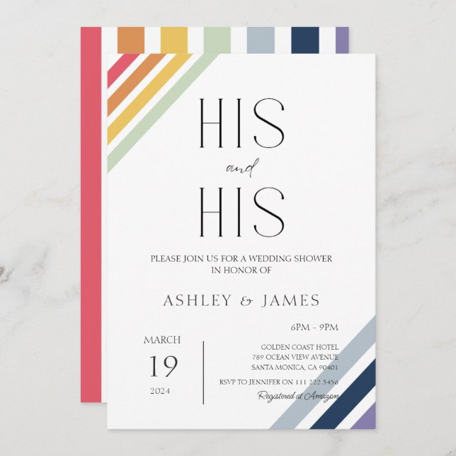 Modern Gay Bröllop Par Shower Hans och hans HBT TQ Inbjudningar (Fram/baksida)