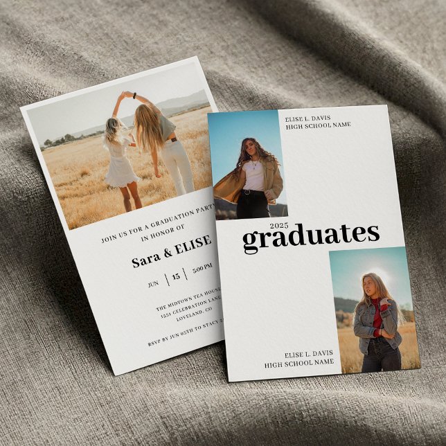 Modern gemensam Studentfest, fira två grader Inbjudningar (Modern Joint Graduation Party Invitation – Celebrate Two Grads, Class of 2025)