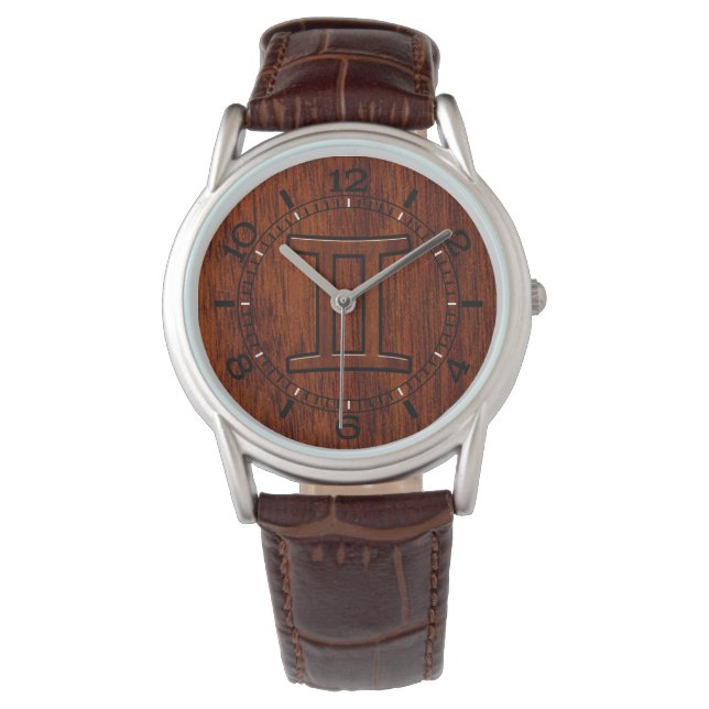 Modern Gemini Zodiac Symbol på Mahogany som Dial Armbandsur (Framsida)
