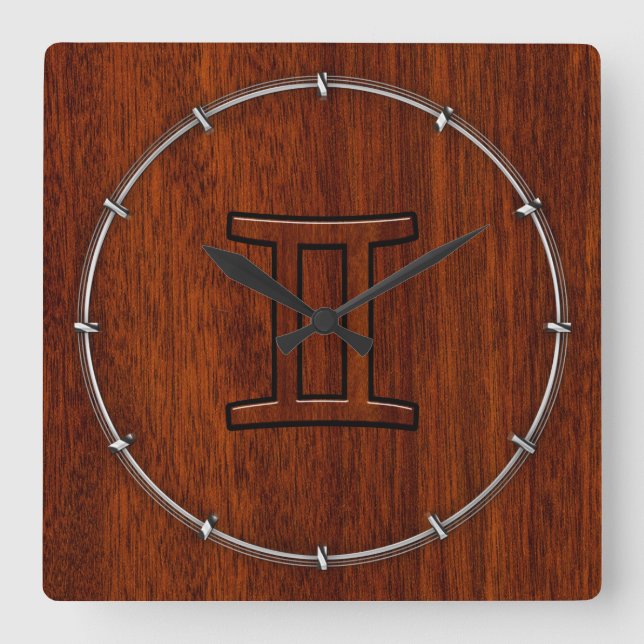 Modern Gemini Zodiac Symbol på Mahogany som print Fyrkantig Klocka (Framsida)