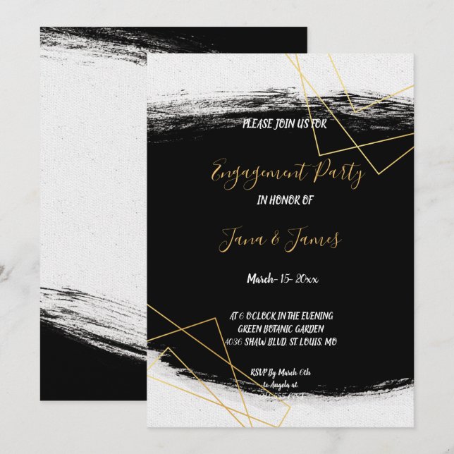 Modern Geometr-Förlovning för svart och Guld Inbjudningar (Fram/baksida)