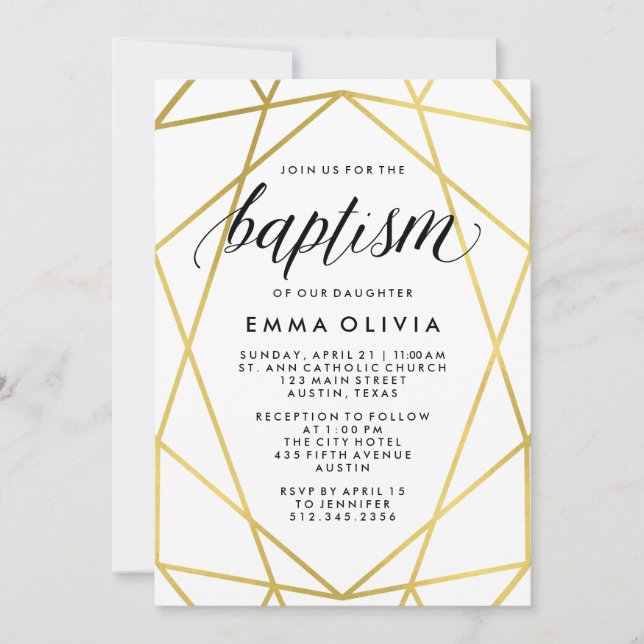 Modern geometri för vit baptism | Faux Guld look Inbjudningar (Framsida)
