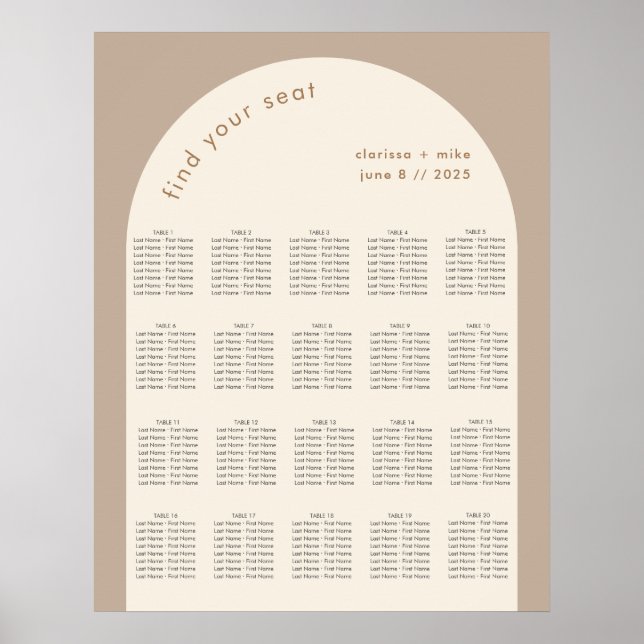 Modern Geometric Arch Beige Sand Bröllop-sittplats Poster (Framsidan)