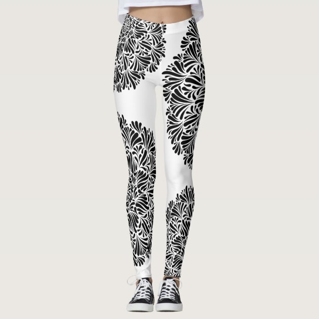 Modern Geometric Black & White Mandala Mönster Leggings (Framsida)