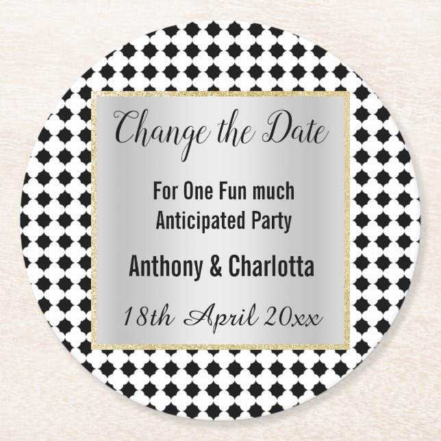 MODERN GEOMETRIC BLACK WHITE SILVER CHANGE DATUM UNDERLÄGG PAPPER RUND (Framsidan)