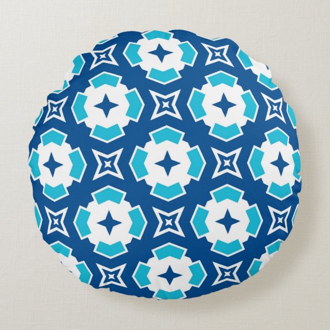 Modern Geometric Blue and White Quatrefoil Mönster Rund Kudde (Framsidan)