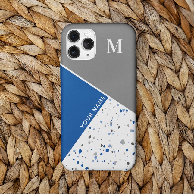 Modern Geometric Blue Grått Terrazzo Monogram (Skapare uppladdad)