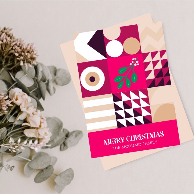 Modern Geometric Burgundy Rosa jul Julkort (Modern Geometric Pinks and Maroon Holiday Card)