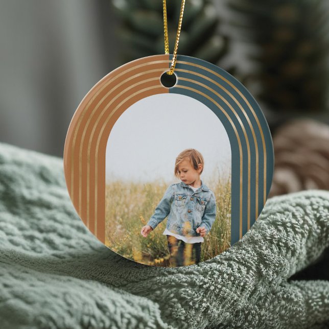 Modern Geometric Concentric Golden Arches 3 Photo Julgransprydnad Keramik (Modern Geometric Concentric Golden Arches 3 Photo Ceramic Ornament)