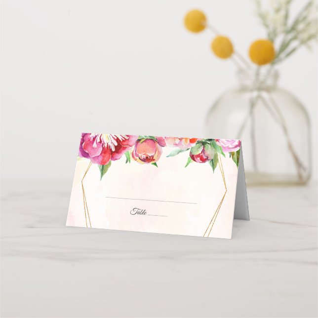Modern Geometric Coral Peonies Blommigt Bröllop Placeringskort (Framsida)