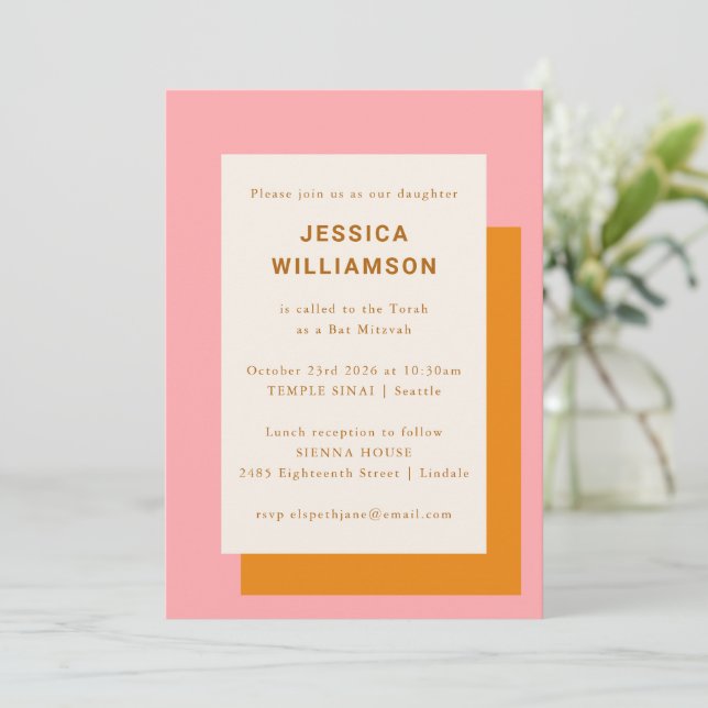 Modern Geometric Cute Bat mitzvah Rosa Orange Inbjudningar (Stående Fram)