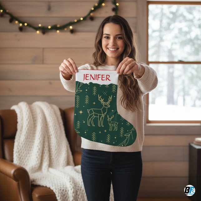 Modern Geometric Deer-Forest Green & Gold Minima Stor Julstrumpa (#christmas)