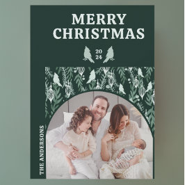 Modern Geometric Evergreen Bird Julkort