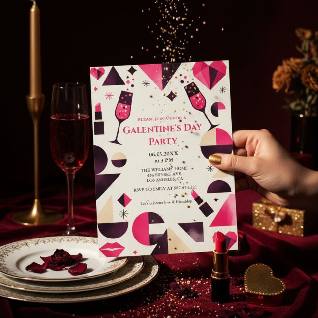 Modern Geometric Galentine's Invitation Inbjudningar (Geometric modern design with pink/burgundy/beige shapes)