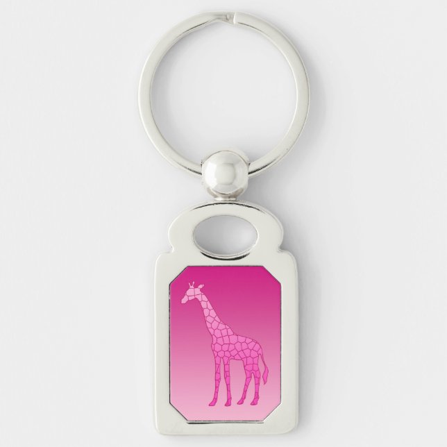 Modern Geometric Giraffe, Fuchsia och Ljus rosa Rektangulärt Silverfärgad Nyckelring (Framsidan)