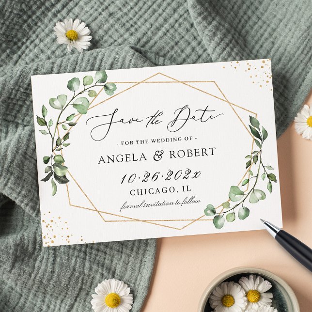 Modern Geometric Greenery Eucalyptus Löv Script Spara Datumet (Skapare uppladdad)