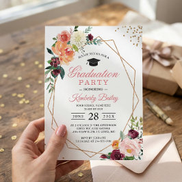 Modern Geometric Guld Ram Chic Blommigt Studenten Inbjudningar