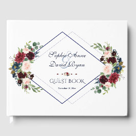 Modern Geometric Merlot Navy Blue Blommigt Bröllop Gästböcker