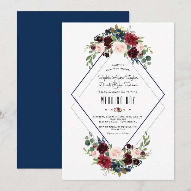 Modern Geometric Merlot Navy Blue Blommigt Bröllop Inbjudningar (Fram/baksida)