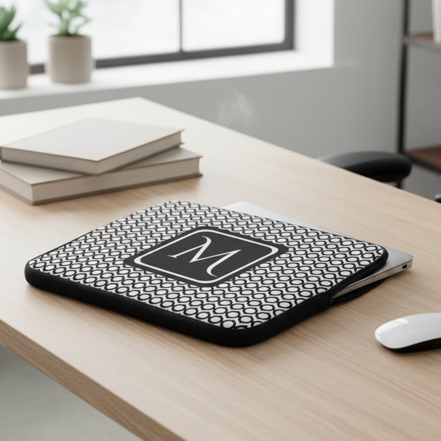 Modern Geometric Monogram Black White Laptop Fodral (Skapare uppladdad)