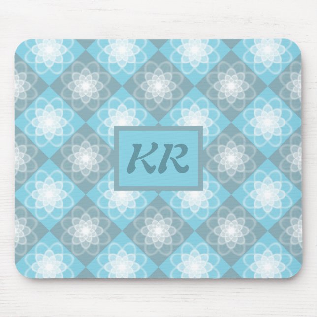 Modern Geometric Mönster Blue & Grått Monogram Musmatta (Framsidan)