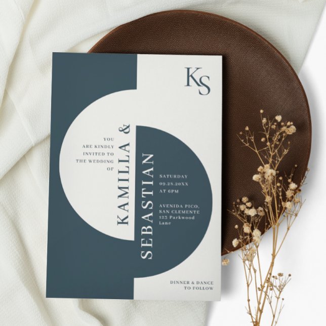 Modern Geometric Navy Blue Ivory Monogram Bröllop Inbjudningar (Skapare uppladdad)