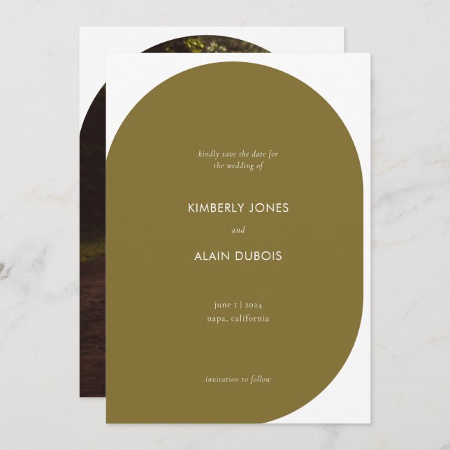 Modern Geometric Oliv grönt Photo Bröllop Spara Datumet (Fram/baksida)