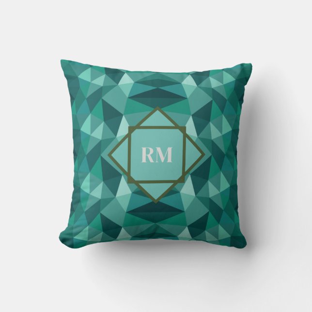 Modern Geometric Polygon Teal Turcos Monogram Kudde (Framsida)