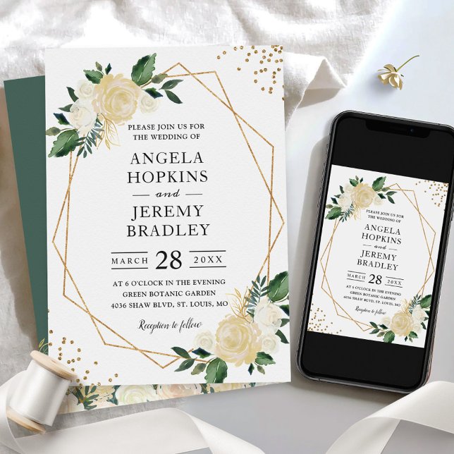 Modern Geometric Ram Nature Grönt Blommigt Bröllop Inbjudningar (Skapare uppladdad)